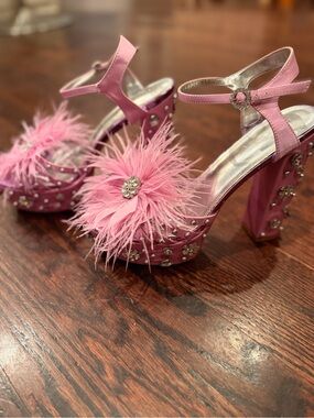Pink Feather Platform Sandals with Crystal Accents - Women